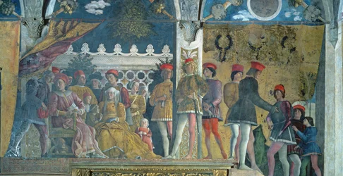 Marchese Ludovico Gonzaga III, sua moglie Barbara di Brandeburgo, i loro figli, cortigiani e il loro cane Rubino, dalla Camera degli Sposi o Camera Picta, 1465-74